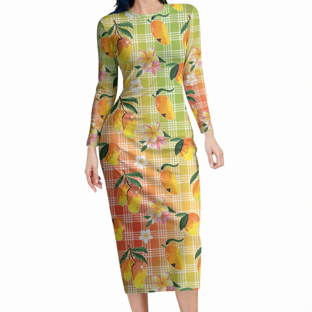 Aloha Hawaii Palaka Print Mango Plumeria Long Sleeve Bodycon Dress Tropical Vibes LT7 Long Dress Multicolor - Polynesian Pride