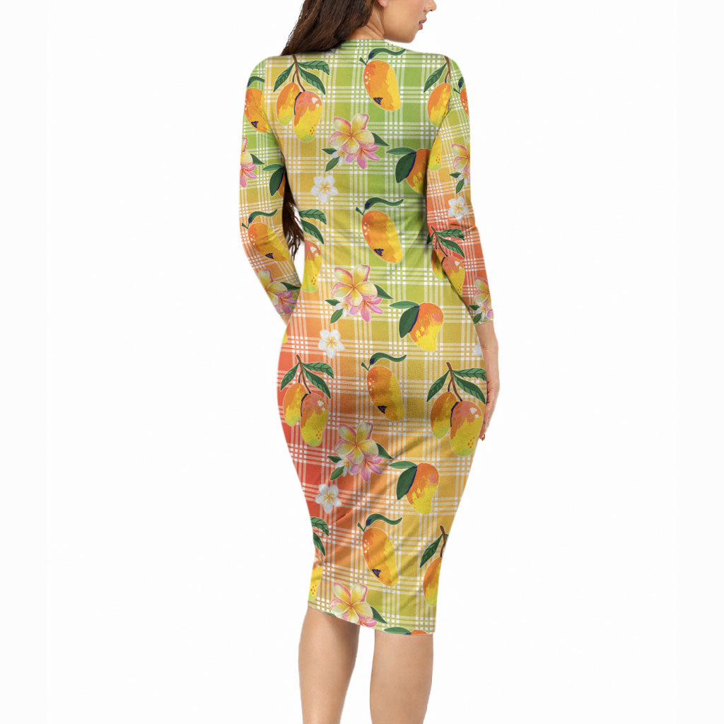 Aloha Hawaii Palaka Print Mango Plumeria Long Sleeve Bodycon Dress Tropical Vibes LT7 - Polynesian Pride