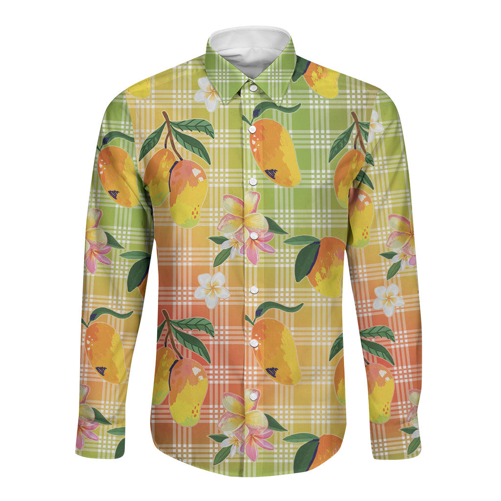 Aloha Hawaii Palaka Print Mango Plumeria Long Sleeve Button Shirt Tropical Vibes LT7 Unisex Multicolor - Polynesian Pride