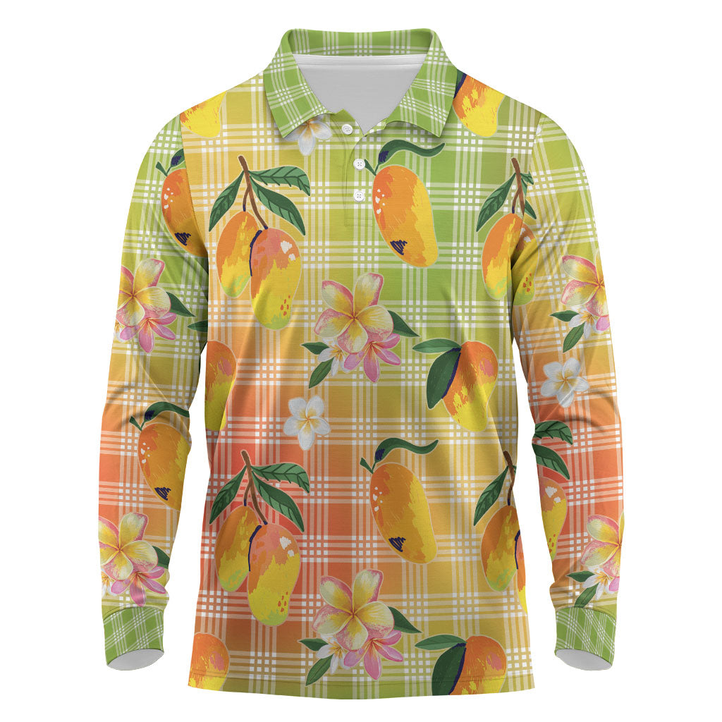 Aloha Hawaii Palaka Print Mango Plumeria Long Sleeve Polo Shirt Tropical Vibes LT7 Multicolor - Polynesian Pride