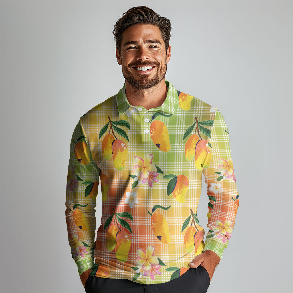 Aloha Hawaii Palaka Print Mango Plumeria Long Sleeve Polo Shirt Tropical Vibes LT7 - Polynesian Pride
