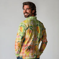 Aloha Hawaii Palaka Print Mango Plumeria Long Sleeve Polo Shirt Tropical Vibes LT7 - Polynesian Pride