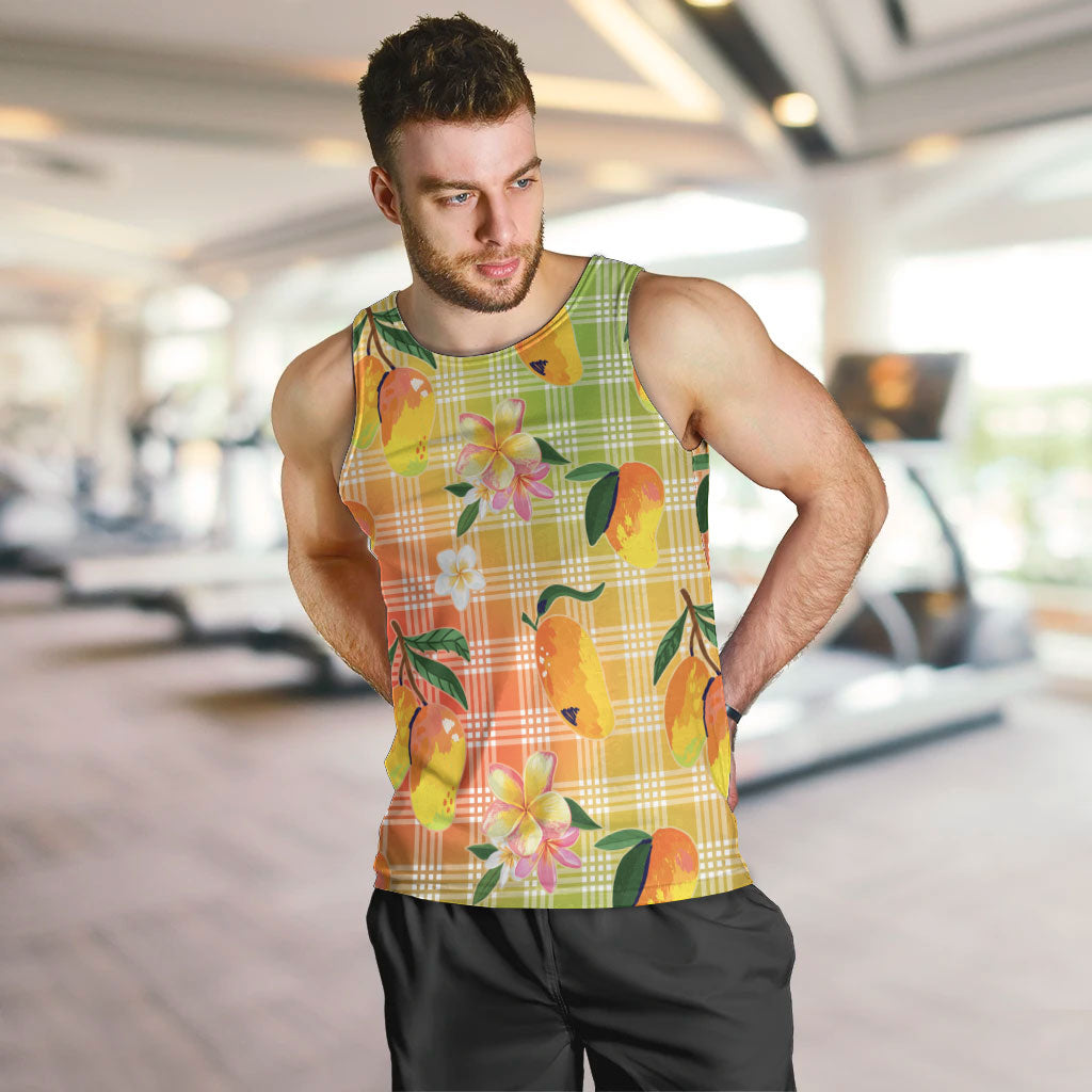 Aloha Hawaii Palaka Print Mango Plumeria Men Tank Top Tropical Vibes LT7 Multicolor - Polynesian Pride