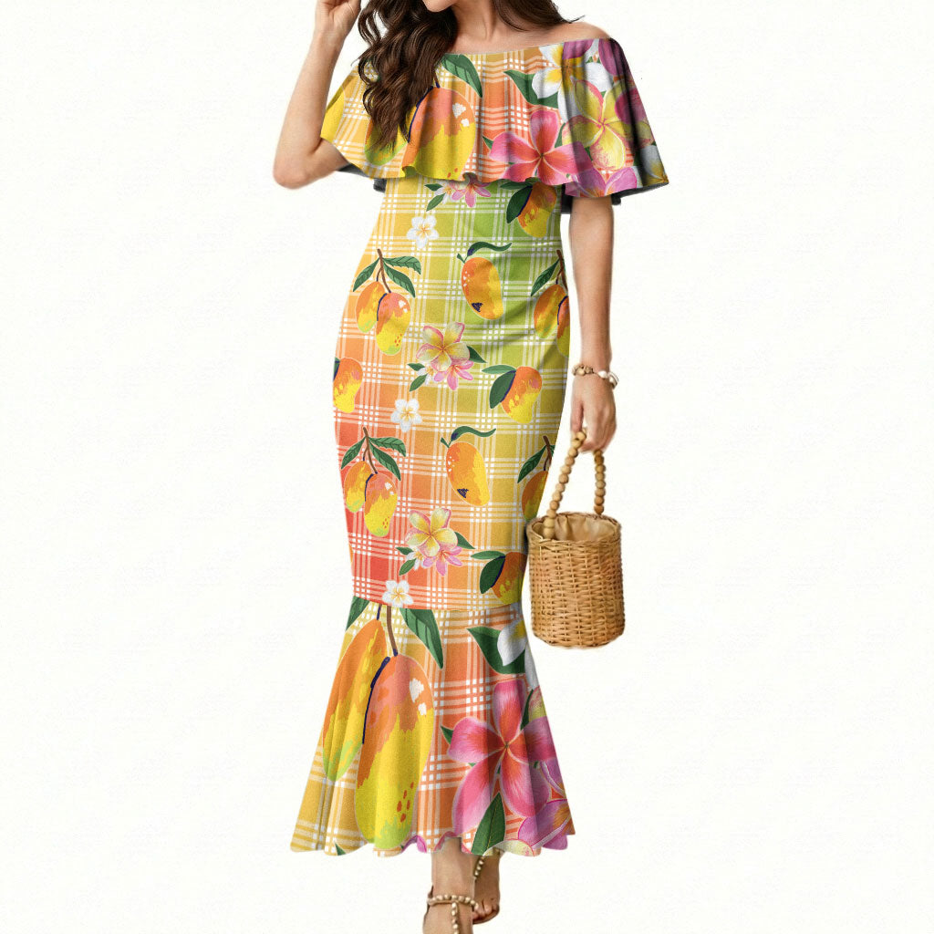 Aloha Hawaii Palaka Print Mango Plumeria Mermaid Dress Tropical Vibes LT7 Women Multicolor - Polynesian Pride