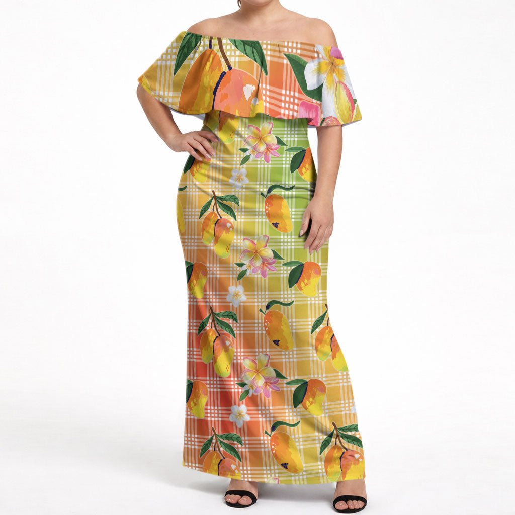 Aloha Hawaii Palaka Print Mango Plumeria Off Shoulder Maxi Dress Tropical Vibes LT7 Women Multicolor - Polynesian Pride