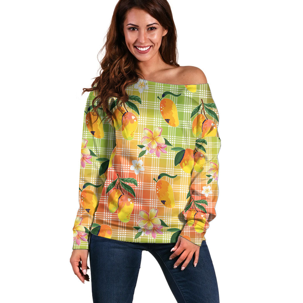 Aloha Hawaii Palaka Print Mango Plumeria Off Shoulder Sweater Tropical Vibes LT7 Women Multicolor - Polynesian Pride