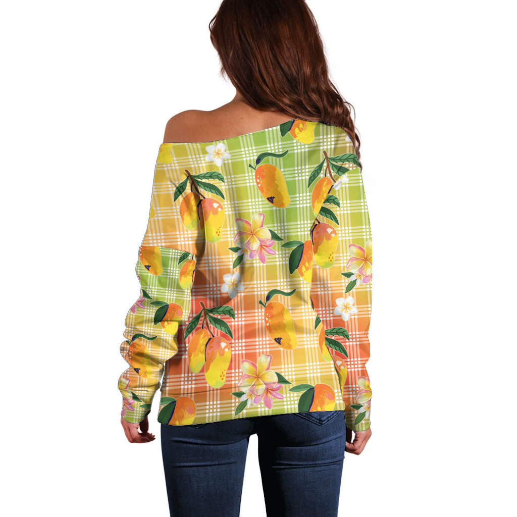 Aloha Hawaii Palaka Print Mango Plumeria Off Shoulder Sweater Tropical Vibes LT7 - Polynesian Pride