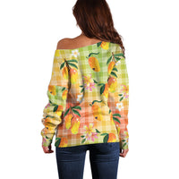 Aloha Hawaii Palaka Print Mango Plumeria Off Shoulder Sweater Tropical Vibes LT7 - Polynesian Pride