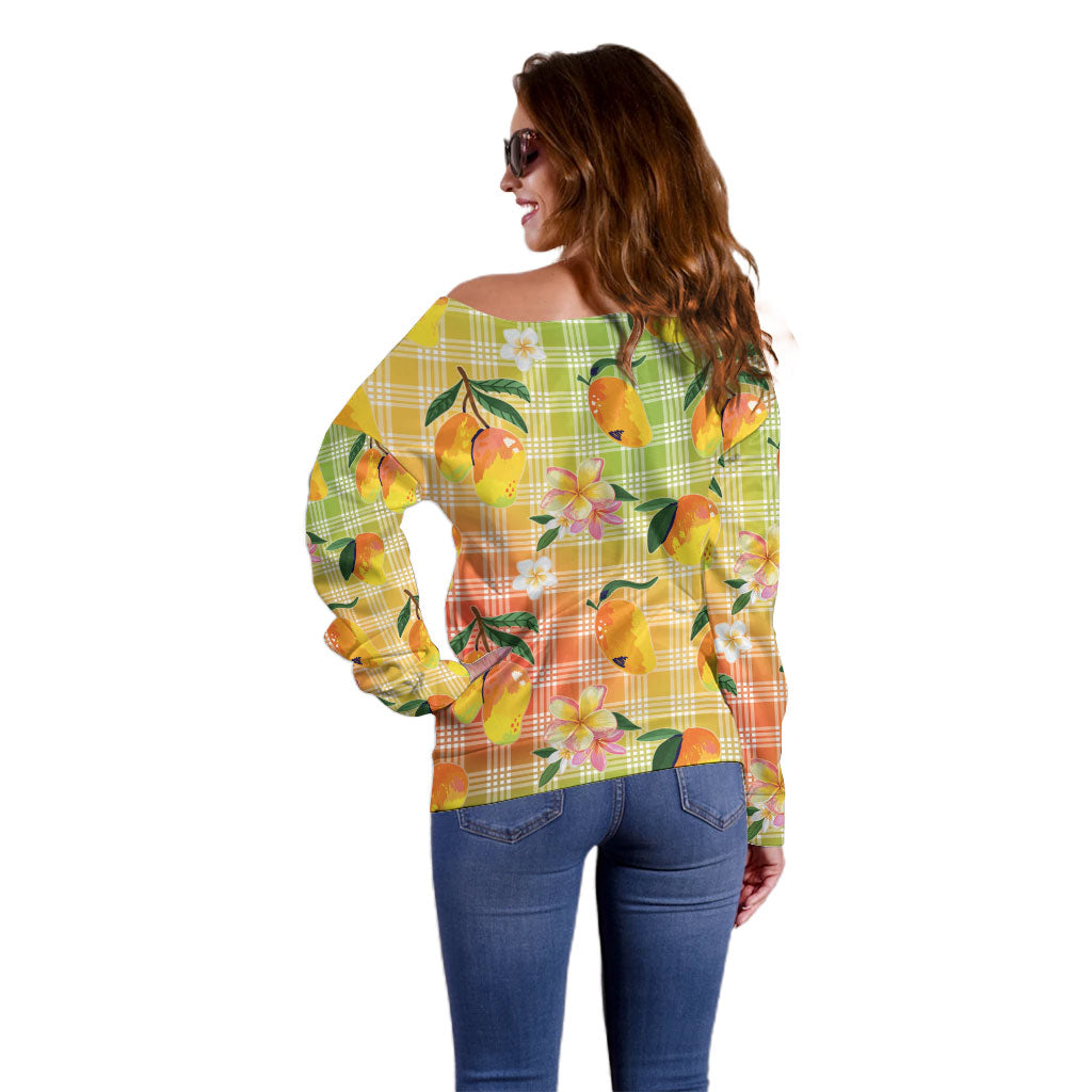 Aloha Hawaii Palaka Print Mango Plumeria Off Shoulder Sweater Tropical Vibes LT7 - Polynesian Pride