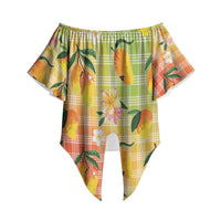 Aloha Hawaii Palaka Print Mango Plumeria Off Shoulder Wrap Waist Top Tropical Vibes LT7 Multicolor - Polynesian Pride