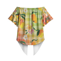 Aloha Hawaii Palaka Print Mango Plumeria Off Shoulder Wrap Waist Top Tropical Vibes LT7 - Polynesian Pride