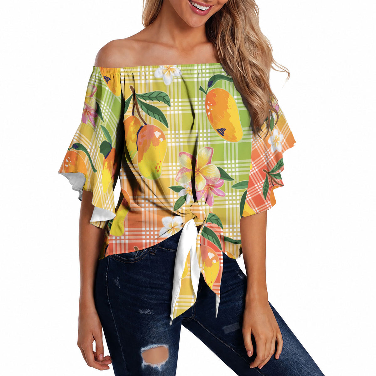 Aloha Hawaii Palaka Print Mango Plumeria Off Shoulder Wrap Waist Top Tropical Vibes LT7 - Polynesian Pride