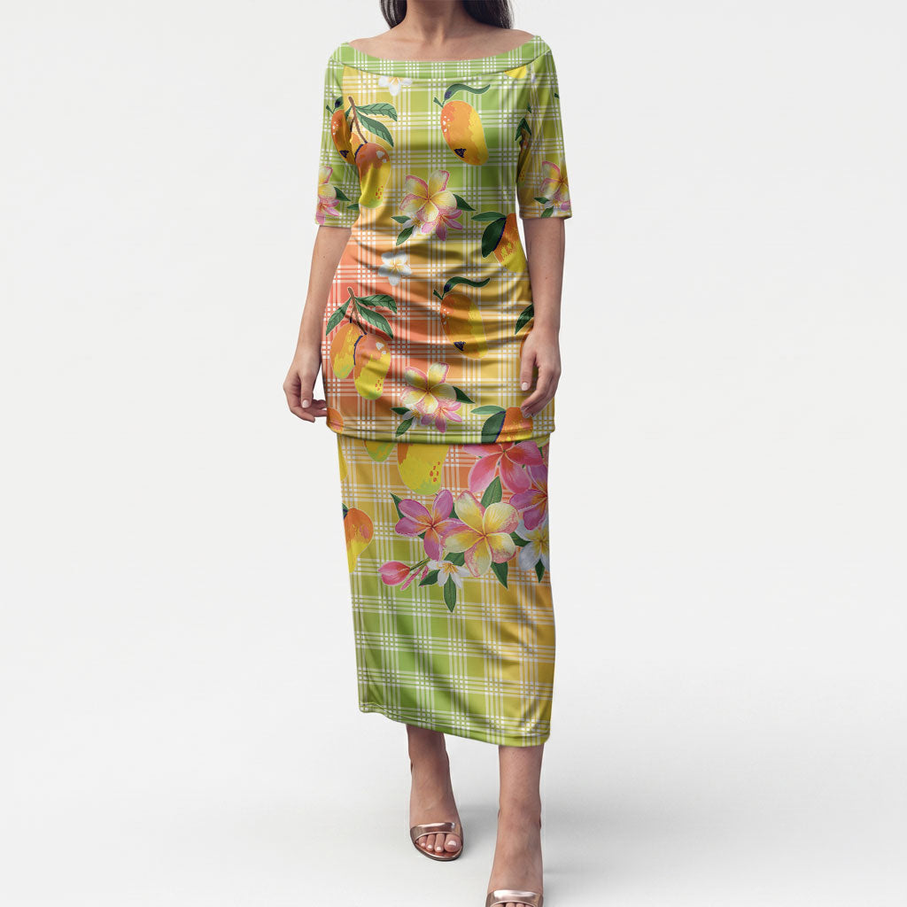 Aloha Hawaii Palaka Print Mango Plumeria Puletasi Tropical Vibes LT7 Long Dress Multicolor - Polynesian Pride
