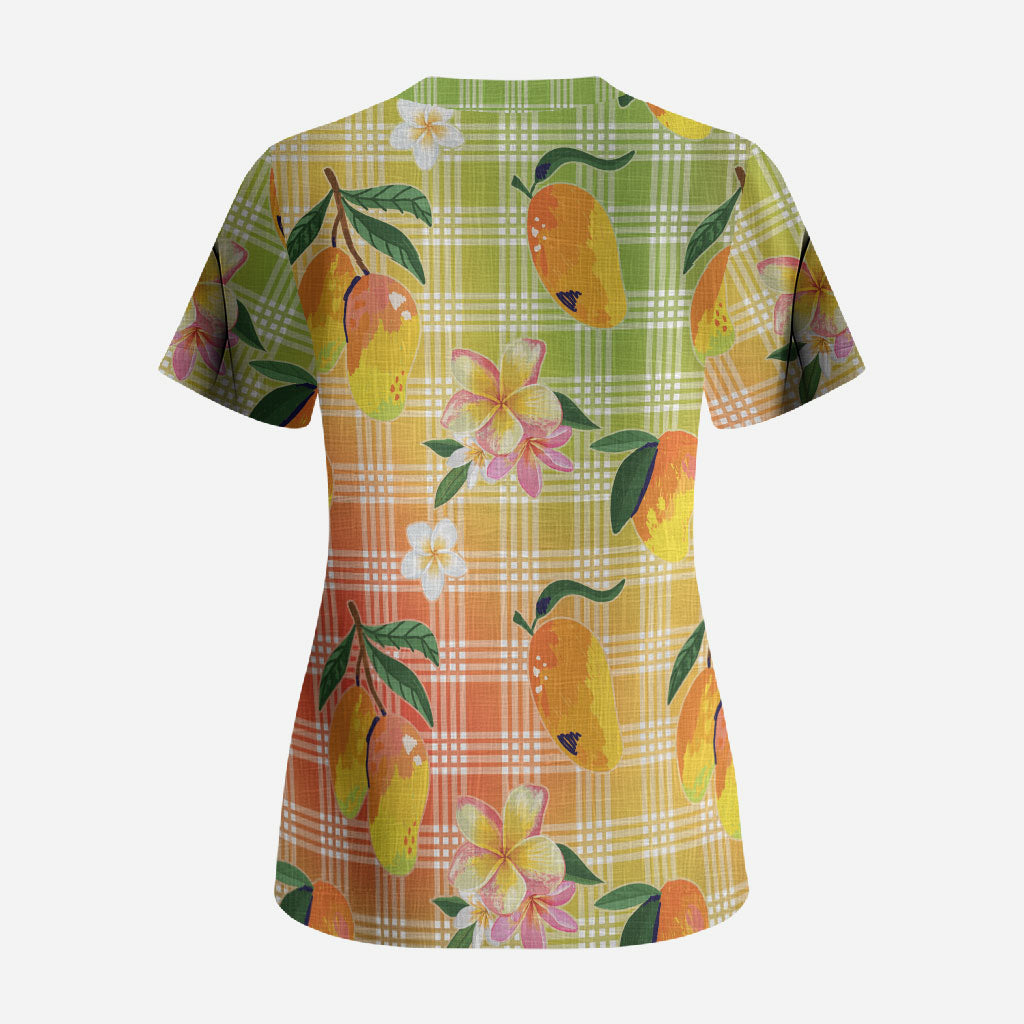 Aloha Hawaii Palaka Print Mango Plumeria Scrub Top Tropical Vibes LT7 - Polynesian Pride