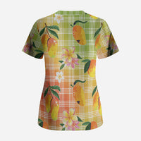 Aloha Hawaii Palaka Print Mango Plumeria Scrub Top Tropical Vibes LT7 - Polynesian Pride