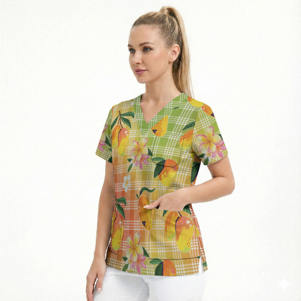 Aloha Hawaii Palaka Print Mango Plumeria Scrub Top Tropical Vibes LT7 - Polynesian Pride