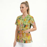 Aloha Hawaii Palaka Print Mango Plumeria Scrub Top Tropical Vibes LT7 - Polynesian Pride
