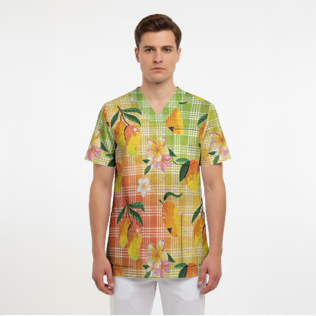 Aloha Hawaii Palaka Print Mango Plumeria Scrub Top Tropical Vibes LT7 - Polynesian Pride