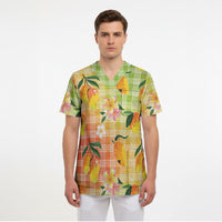 Aloha Hawaii Palaka Print Mango Plumeria Scrub Top Tropical Vibes LT7 - Polynesian Pride