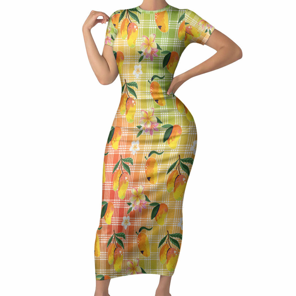Aloha Hawaii Palaka Print Mango Plumeria Short Sleeve Bodycon Dress Tropical Vibes LT7 Long Dress Multicolor - Polynesian Pride
