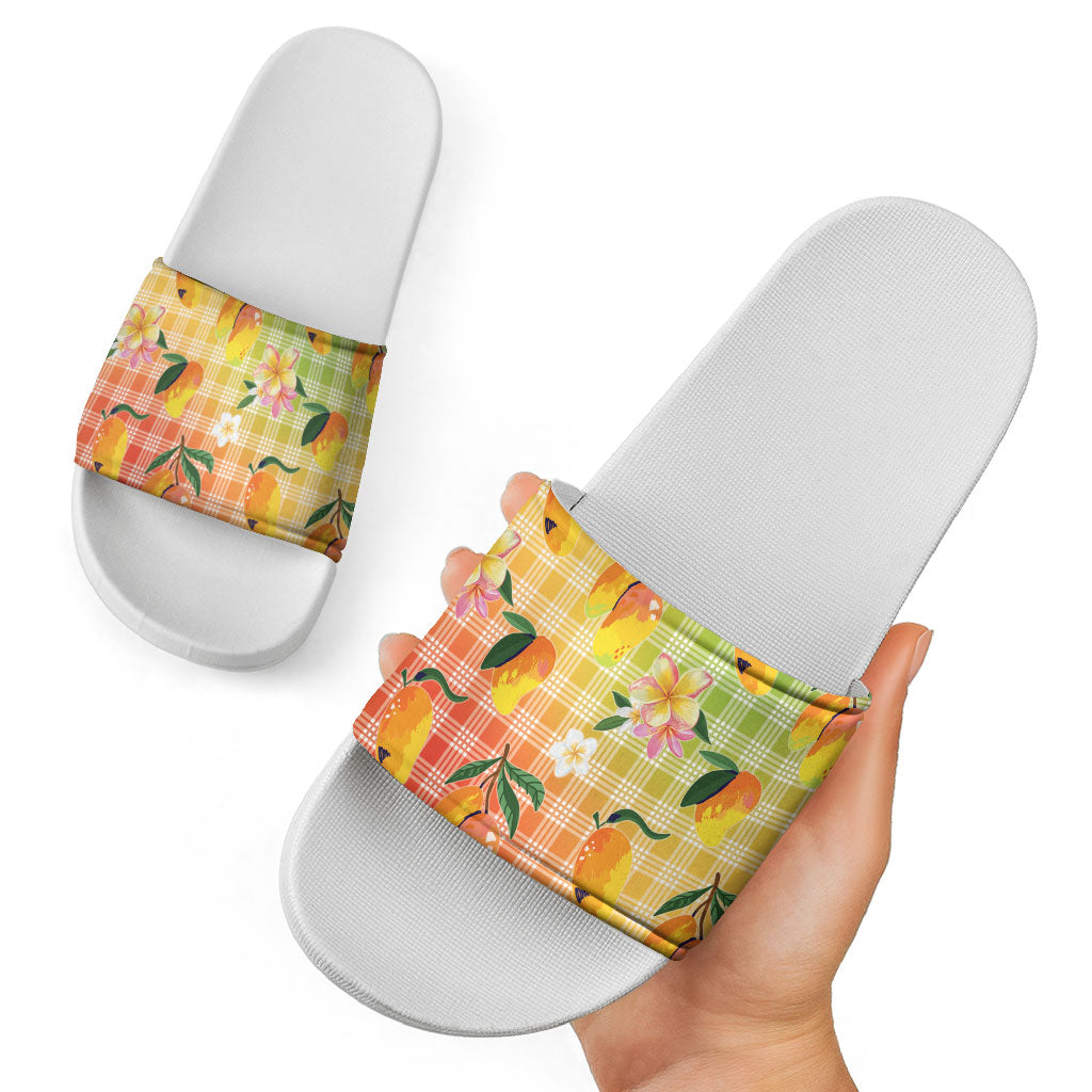 Aloha Hawaii Palaka Print Mango Plumeria Slide Sandals Tropical Vibes LT7 - Polynesian Pride