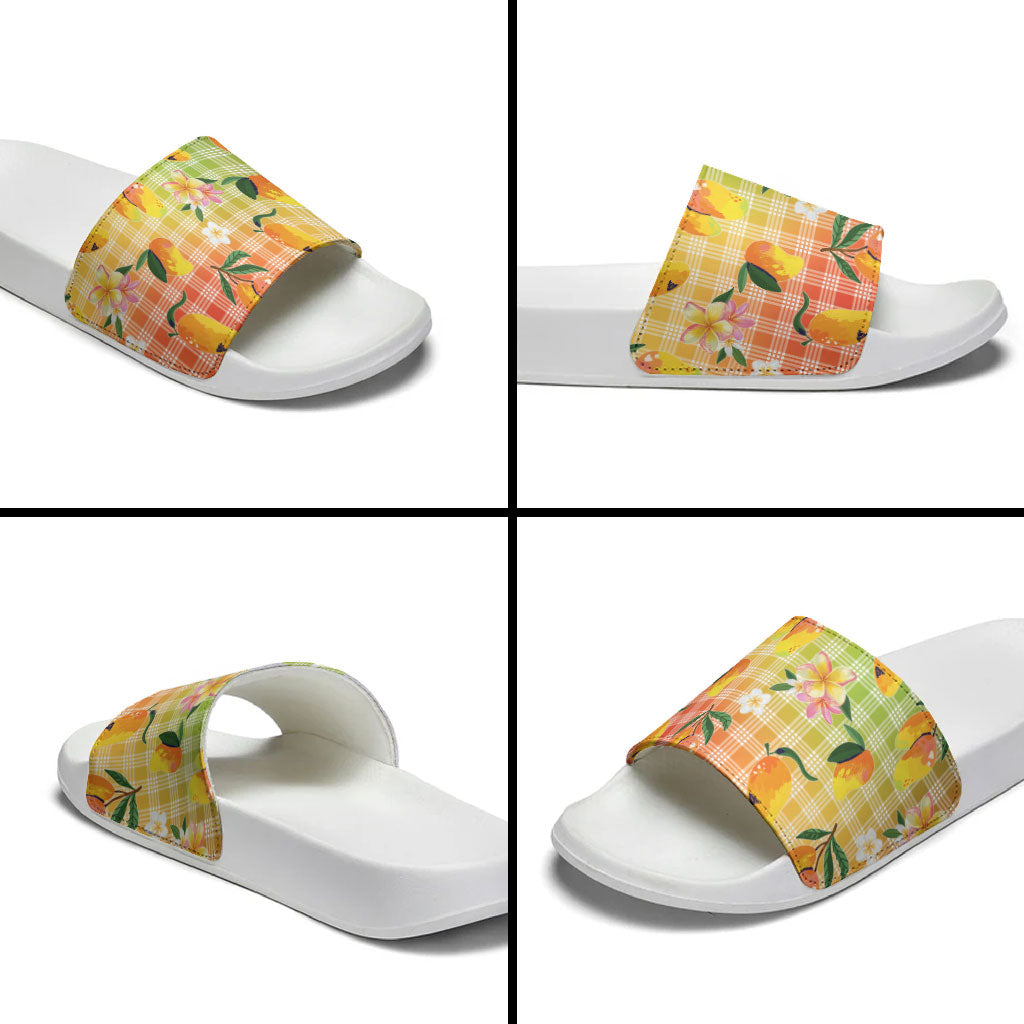 Aloha Hawaii Palaka Print Mango Plumeria Slide Sandals Tropical Vibes LT7 - Polynesian Pride