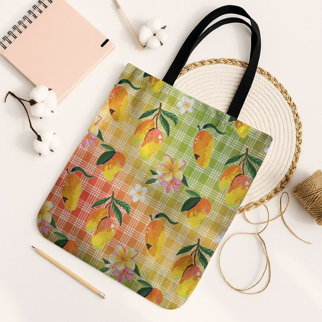 Aloha Hawaii Palaka Print Mango Plumeria Tote Bag Tropical Vibes LT7 Black Strap One Size Multicolor - Polynesian Pride