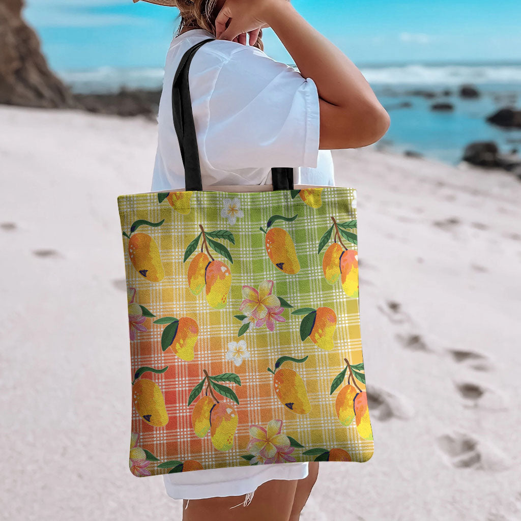 Aloha Hawaii Palaka Print Mango Plumeria Tote Bag Tropical Vibes LT7 - Polynesian Pride