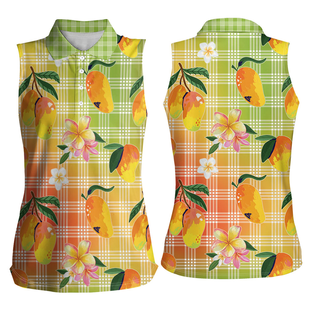 Aloha Hawaii Palaka Print Mango Plumeria Women Sleeveless Polo Shirt Tropical Vibes LT7 - Polynesian Pride