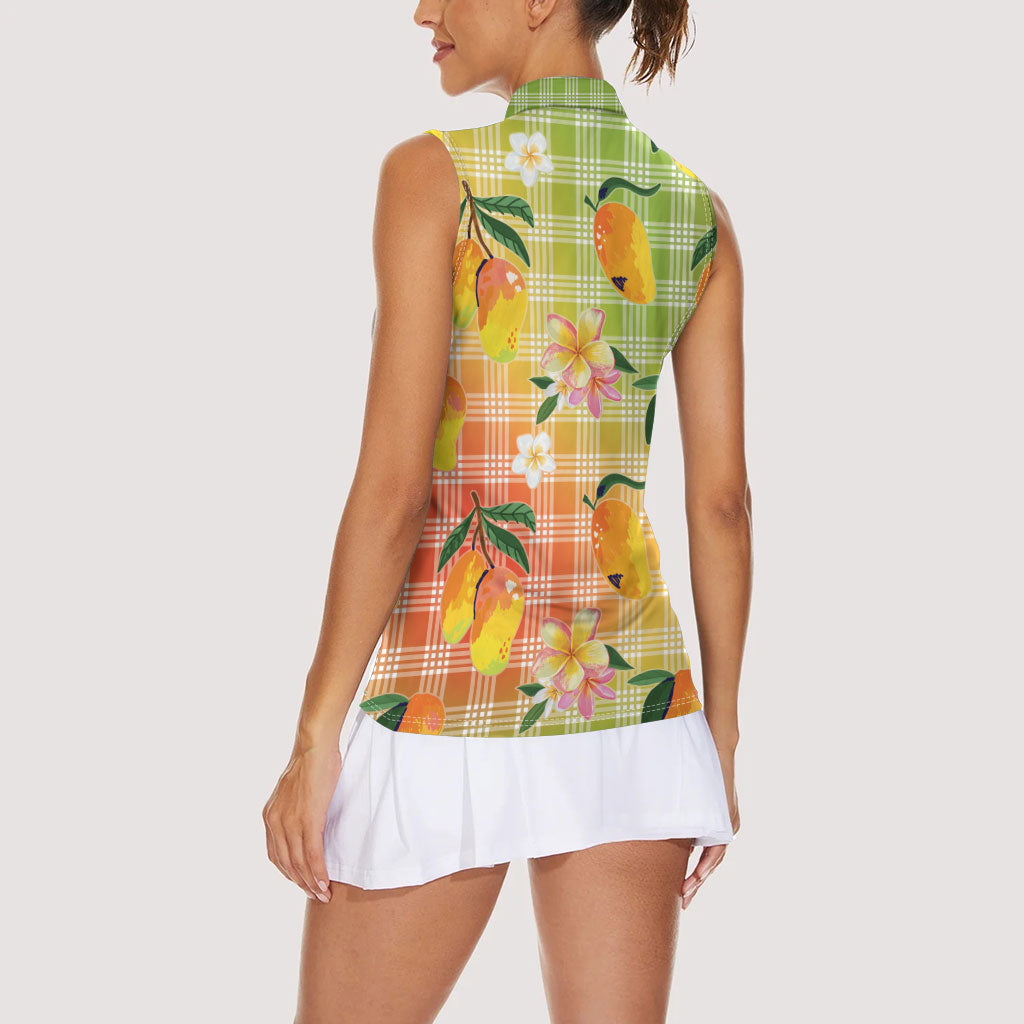 Aloha Hawaii Palaka Print Mango Plumeria Women Sleeveless Polo Shirt Tropical Vibes LT7 - Polynesian Pride