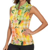 Aloha Hawaii Palaka Print Mango Plumeria Women Sleeveless Polo Shirt Tropical Vibes LT7 - Polynesian Pride