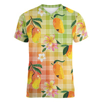 Aloha Hawaii Palaka Print Mango Plumeria Women V-Neck T-Shirt Tropical Vibes LT7 Female Multicolor - Polynesian Pride