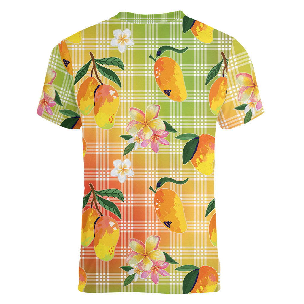 Aloha Hawaii Palaka Print Mango Plumeria Women V-Neck T-Shirt Tropical Vibes LT7 - Polynesian Pride