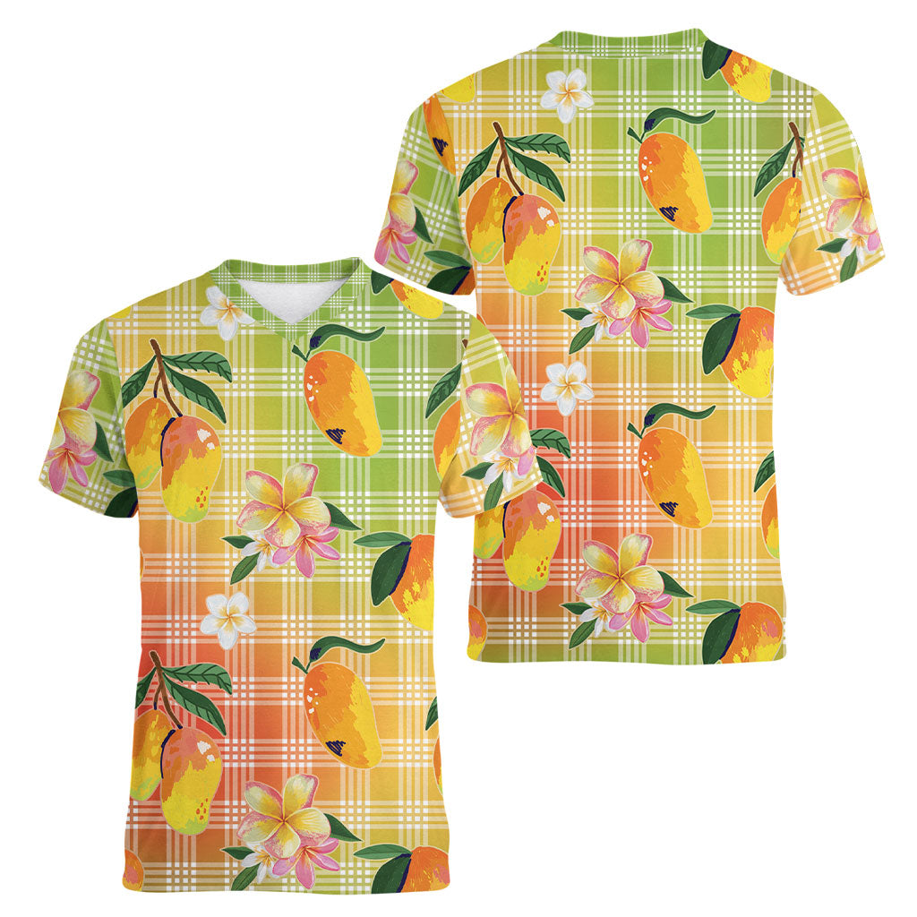 Aloha Hawaii Palaka Print Mango Plumeria Women V-Neck T-Shirt Tropical Vibes LT7 - Polynesian Pride