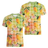 Aloha Hawaii Palaka Print Mango Plumeria Women V-Neck T-Shirt Tropical Vibes LT7 - Polynesian Pride