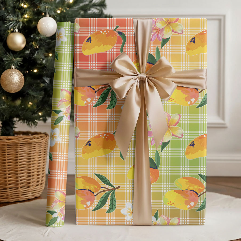 Aloha Hawaii Palaka Print Mango Plumeria Wrapping Paper Tropical Vibes LT7 - Polynesian Pride