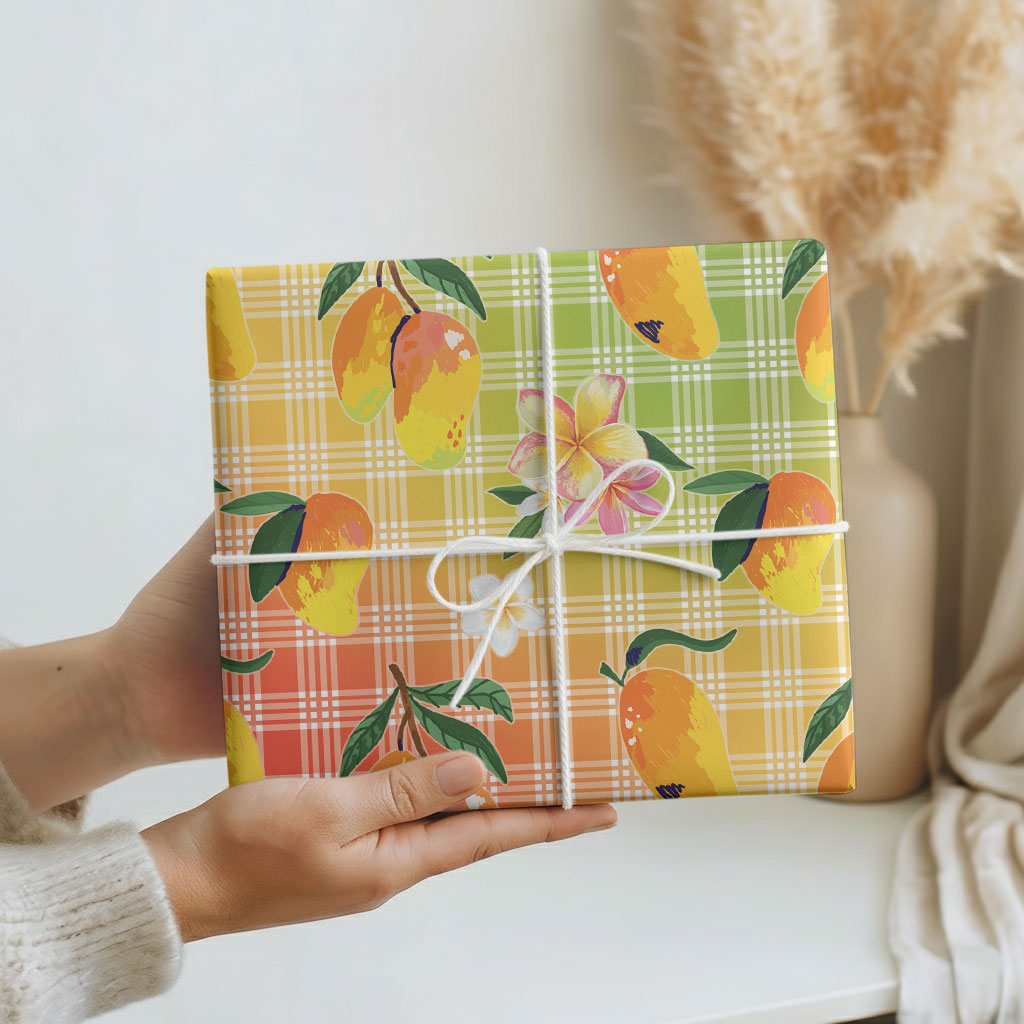 Aloha Hawaii Palaka Print Mango Plumeria Wrapping Paper Tropical Vibes LT7 - Polynesian Pride