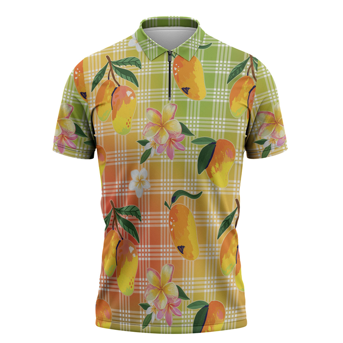 Aloha Hawaii Palaka Print Mango Plumeria Zipper Polo Shirt Tropical Vibes LT7 Multicolor - Polynesian Pride