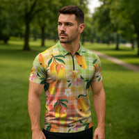 Aloha Hawaii Palaka Print Mango Plumeria Zipper Polo Shirt Tropical Vibes LT7 - Polynesian Pride