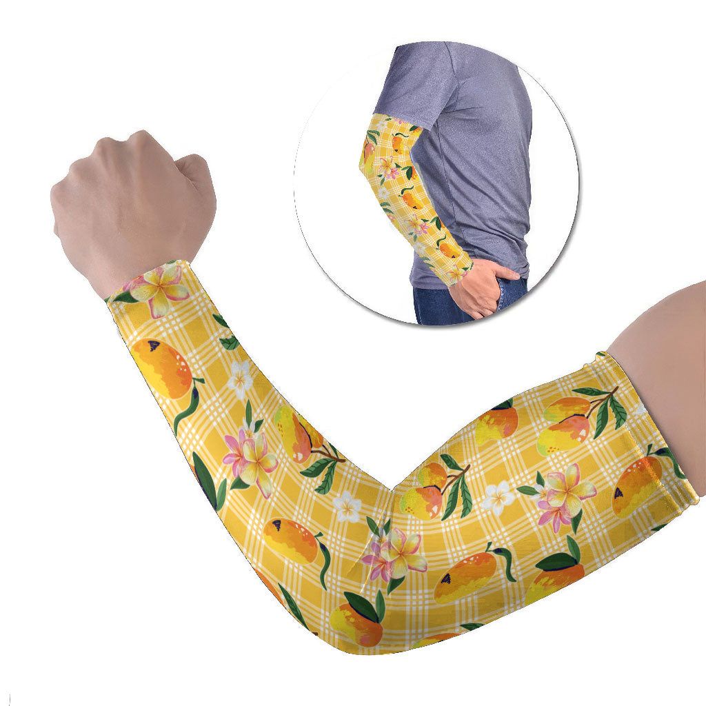 Aloha Hawaii Palaka Print Mango Plumeria Arm Sleeves Fresh Lemon LT7 Set of 2 Yellow - Polynesian Pride