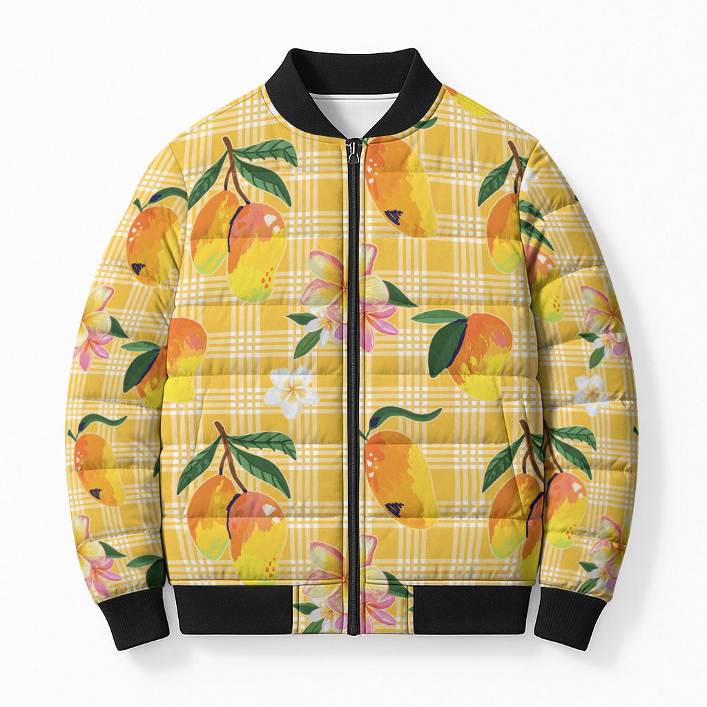 Aloha Hawaii Palaka Print Mango Plumeria Bomber Puffer Jacket Fresh Lemon LT7 Unisex Yellow - Polynesian Pride
