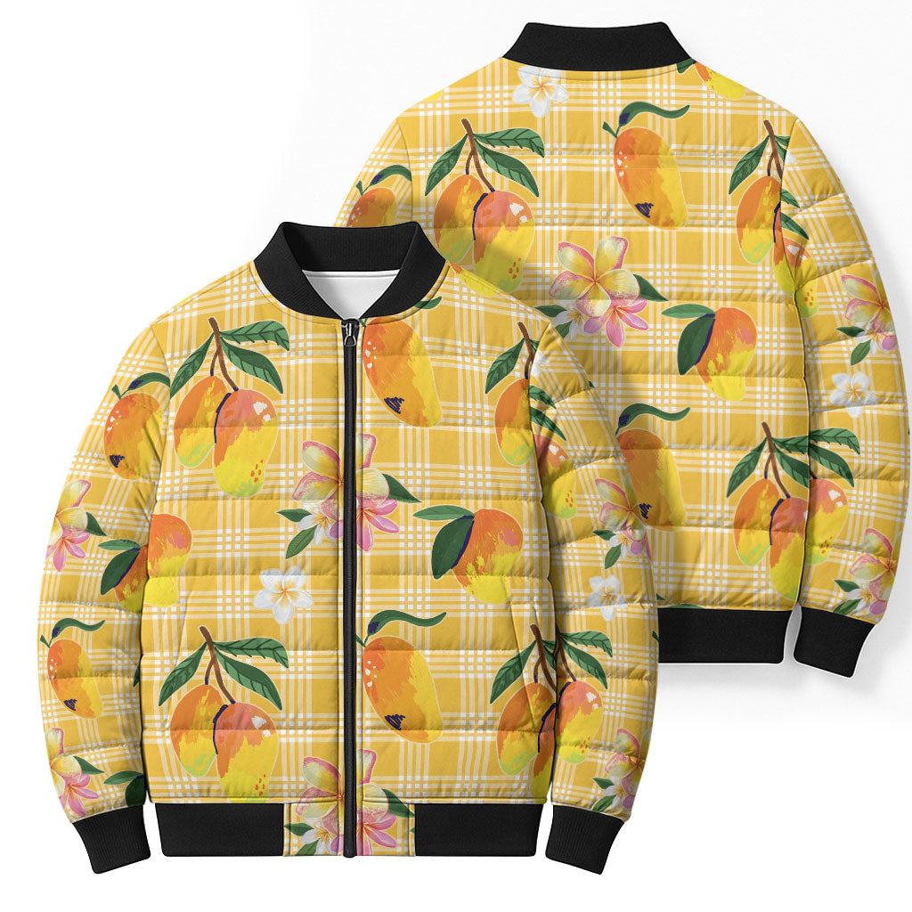 Aloha Hawaii Palaka Print Mango Plumeria Bomber Puffer Jacket Fresh Lemon LT7 - Polynesian Pride