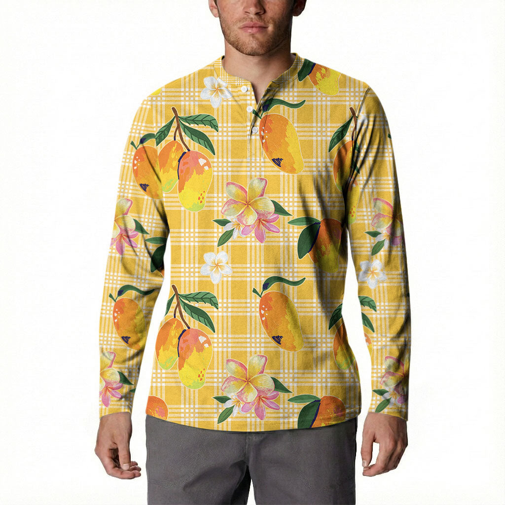 Aloha Hawaii Palaka Print Mango Plumeria Button Sweatshirt Fresh Lemon LT7 - Polynesian Pride