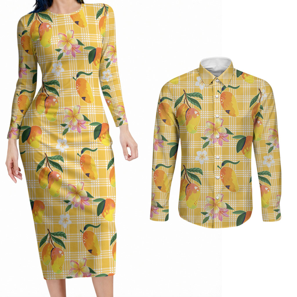 Aloha Hawaii Palaka Print Mango Plumeria Couples Matching Long Sleeve Bodycon Dress and Long Sleeve Button Shirt Fresh Lemon LT7 Yellow - Polynesian Pride