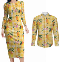 Aloha Hawaii Palaka Print Mango Plumeria Couples Matching Long Sleeve Bodycon Dress and Long Sleeve Button Shirt Fresh Lemon LT7 Yellow - Polynesian Pride