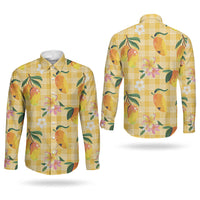 Aloha Hawaii Palaka Print Mango Plumeria Couples Matching Long Sleeve Bodycon Dress and Long Sleeve Button Shirt Fresh Lemon LT7 - Polynesian Pride