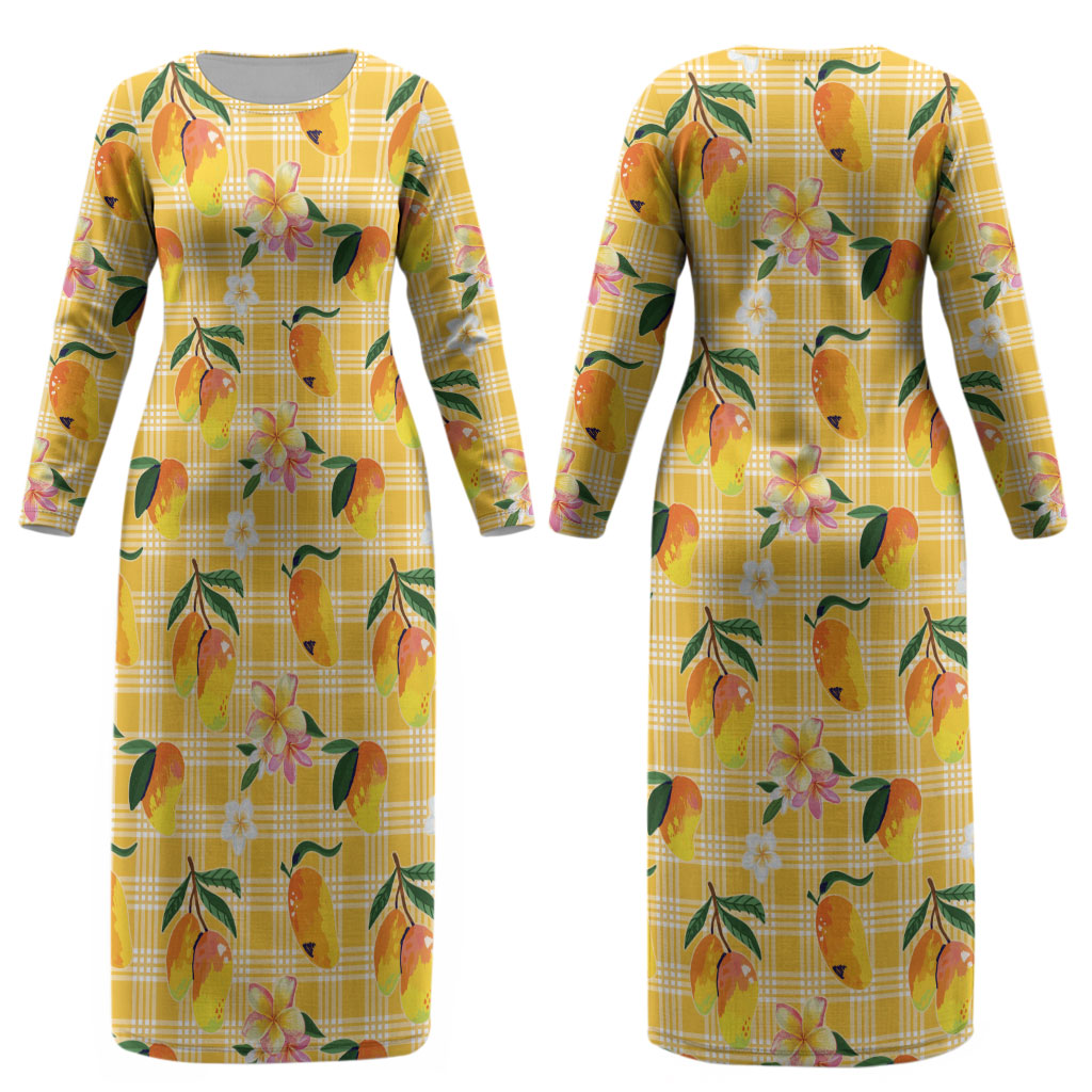 Aloha Hawaii Palaka Print Mango Plumeria Couples Matching Long Sleeve Bodycon Dress and Long Sleeve Button Shirt Fresh Lemon LT7 - Polynesian Pride