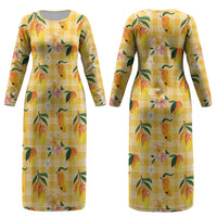 Aloha Hawaii Palaka Print Mango Plumeria Couples Matching Long Sleeve Bodycon Dress and Long Sleeve Button Shirt Fresh Lemon LT7 - Polynesian Pride