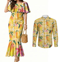 Aloha Hawaii Palaka Print Mango Plumeria Couples Matching Mermaid Dress and Long Sleeve Button Shirt Fresh Lemon LT7 Yellow - Polynesian Pride
