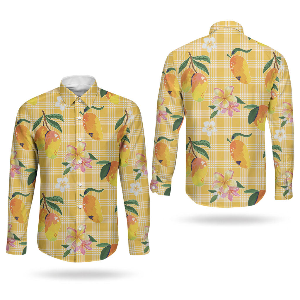 Aloha Hawaii Palaka Print Mango Plumeria Couples Matching Mermaid Dress and Long Sleeve Button Shirt Fresh Lemon LT7 - Polynesian Pride